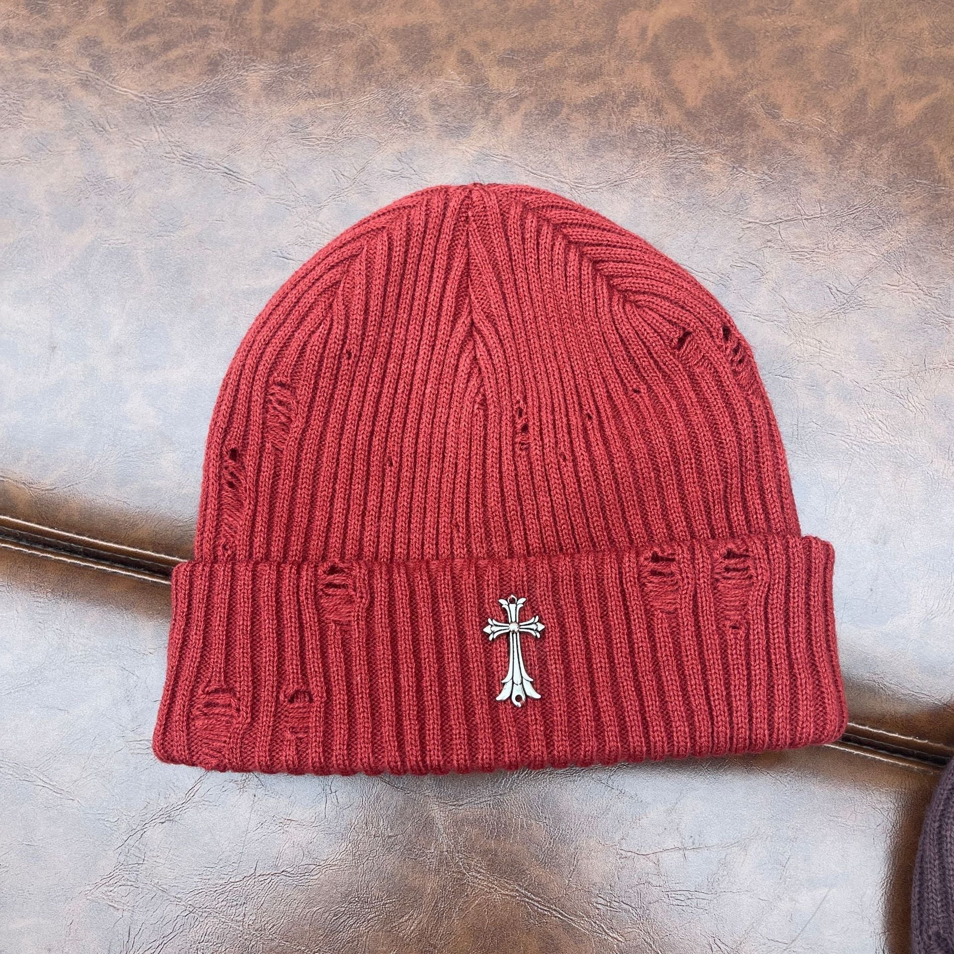 Chrome Heart Beanie Knitted Hat Women's Thick Wool Hat Cross Cold Hat
